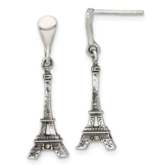 Sterling Silver Antiqued Marcasite 3-D Eiffel Tower Dangle Post Earrings