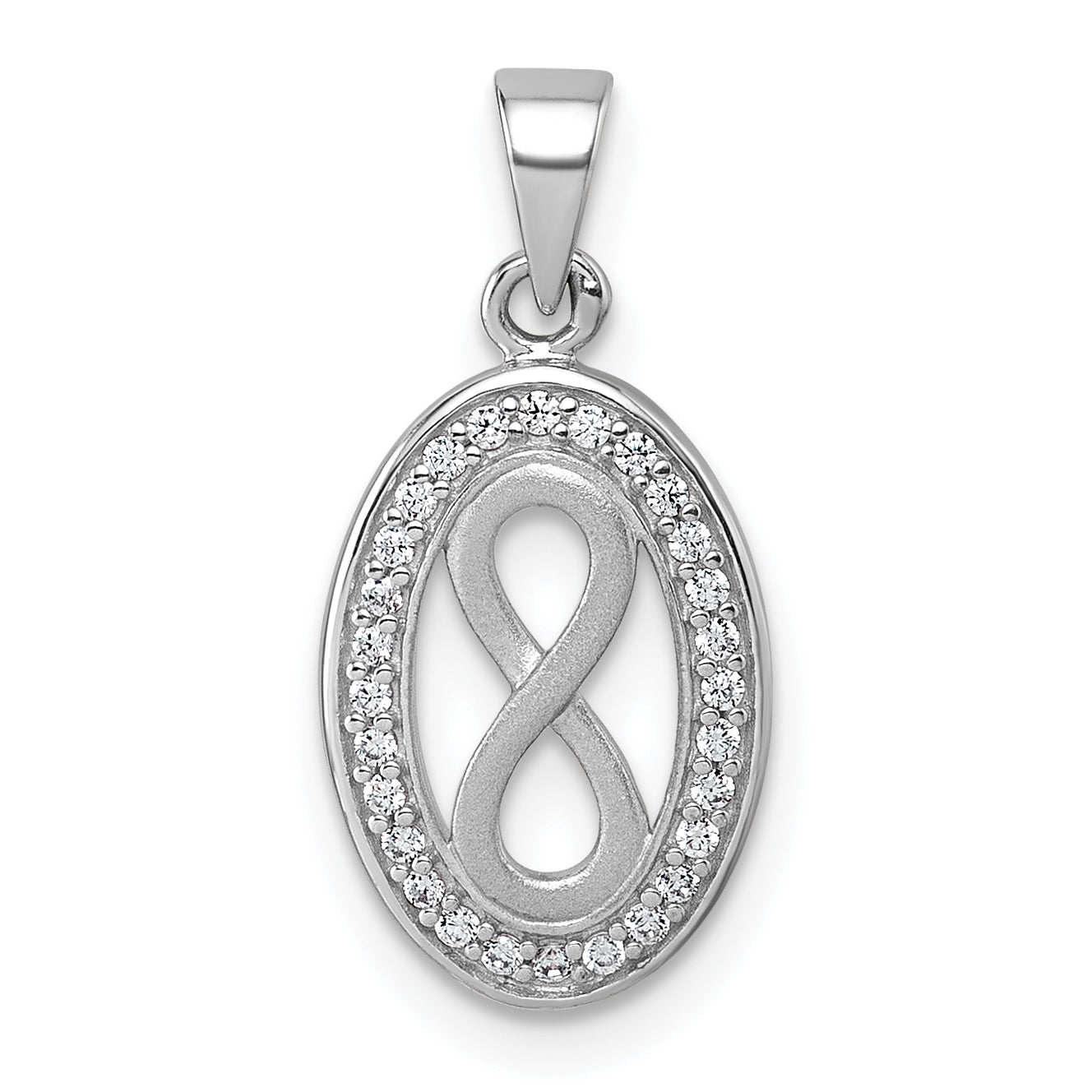 Sterling Silver Rhodium-plated Polished and Satin CZ Infinity Oval Pendant