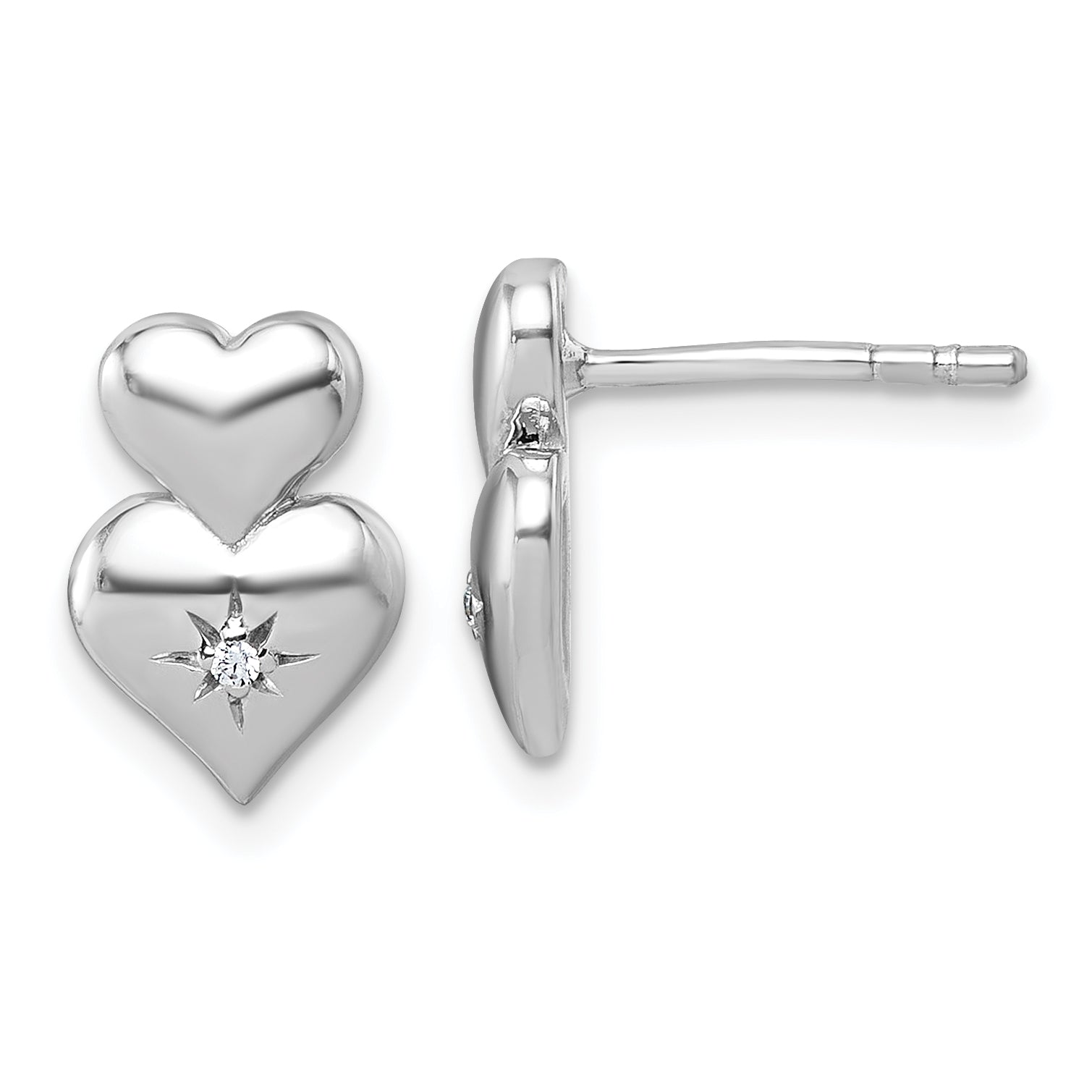 Sterling Silver Rhodium-plated Polished White CZ Double Heart Post Earrings