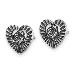 Sterling Silver Antiqued Polished Open Heart With Flower Post Earrings