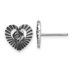 Sterling Silver Antiqued Polished Open Heart With Flower Post Earrings