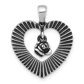 Sterling Silver Antiqued Polished Open Heart With Dangling Flower Pendant