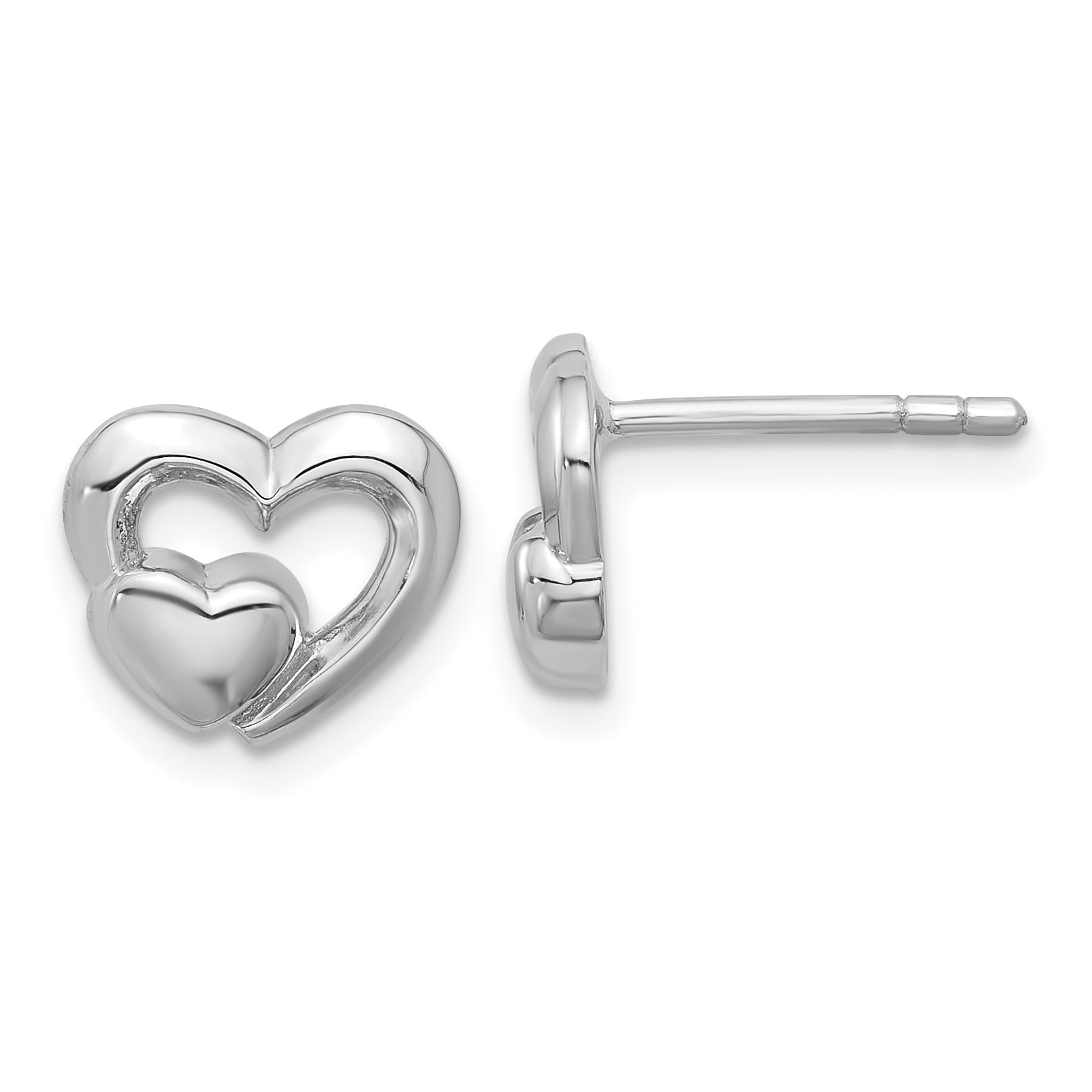 Sterling Silver Rhodium-plated Polished Heart Inside Heart Post Earrings