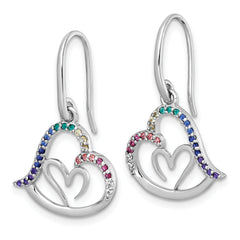 Sterling Silver Rhodium-plated Polished Rainbow Nano Crystals Double Heart Dangle Shepherd Hook Earrings