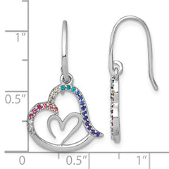 Sterling Silver Rhodium-plated Polished Rainbow Nano Crystals Double Heart Dangle Shepherd Hook Earrings