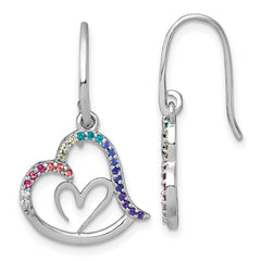 Sterling Silver Rhodium-plated Polished Rainbow Nano Crystals Double Heart Dangle Shepherd Hook Earrings