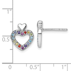 Sterling Silver Rhodium-plated Polished Rainbow CZ Double Heart Post Earrings