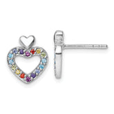 Sterling Silver Rhodium-plated Polished Rainbow CZ Double Heart Post Earrings