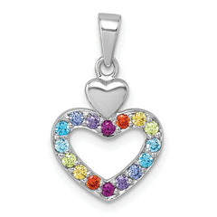 Sterling Silver Rhodium-plated Polished Rainbow CZ Double Heart Pendant