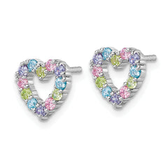 Sterling Silver Rhodium-plated Polished Pastel Blue, Pink, Green and Purple CZ Heart Post Earrings