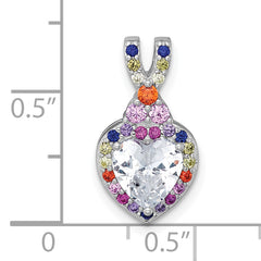 Sterling Silver Rhodium-plated Polished Multi-color Rainbow CZ Heart Halo Chain Slide Pendant