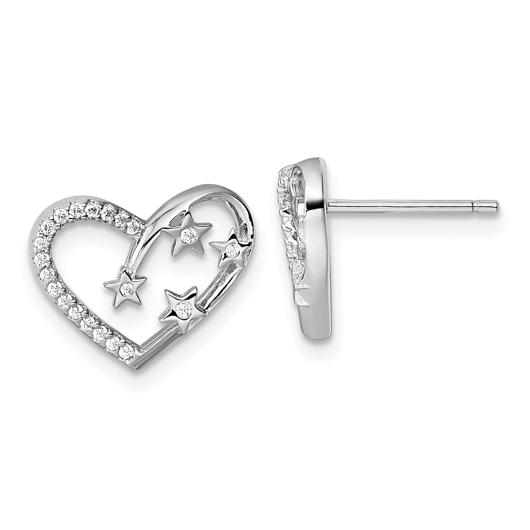 Sterling Silver Rhodium-plated CZ Polished Open Heart with Stars Post Earrings