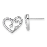 Sterling Silver Rhodium-plated CZ Polished Open Heart with Stars Post Earrings