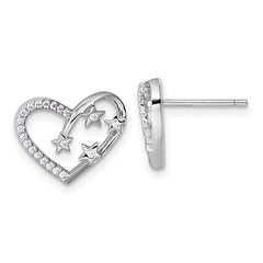 Sterling Silver Rhodium-plated CZ Polished Open Heart with Stars Post Earrings