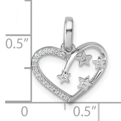 Sterling Silver Rhodium-plated CZ Polished Open Heart with Stars Pendant