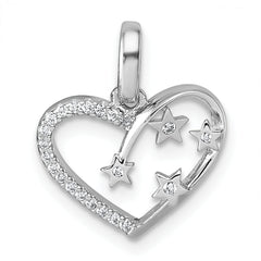 Sterling Silver Rhodium-plated CZ Polished Open Heart with Stars Pendant