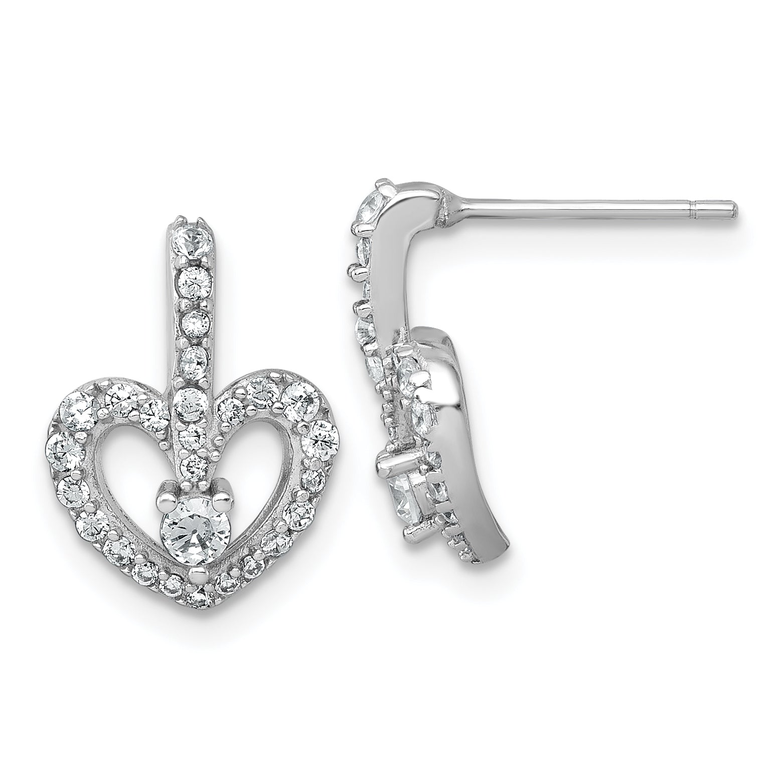Sterling Silver Rhodium-plated Polished CZ Open Heart Post Earrings