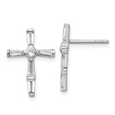 Sterling Silver Rhodium-plated Polished White Baguette CZ Cross Post Earrings