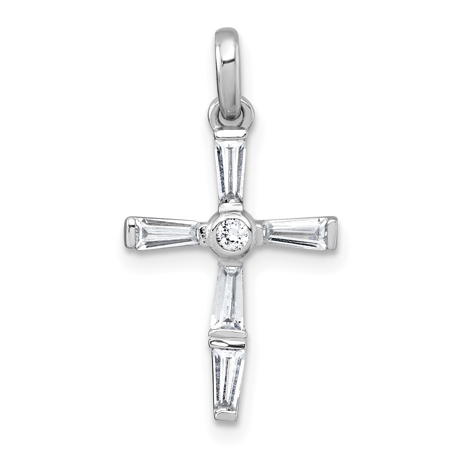 Sterling Silver Rhodium-plated Polished White Baguette CZ Cross Pendant