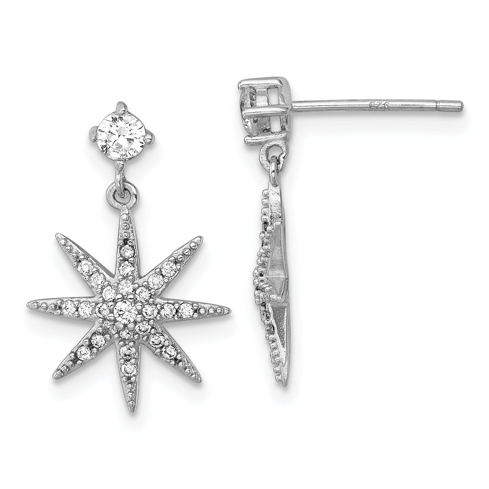 Sterling Silver Rhodium-plated Polished CZ Star Post Dangle Earrings