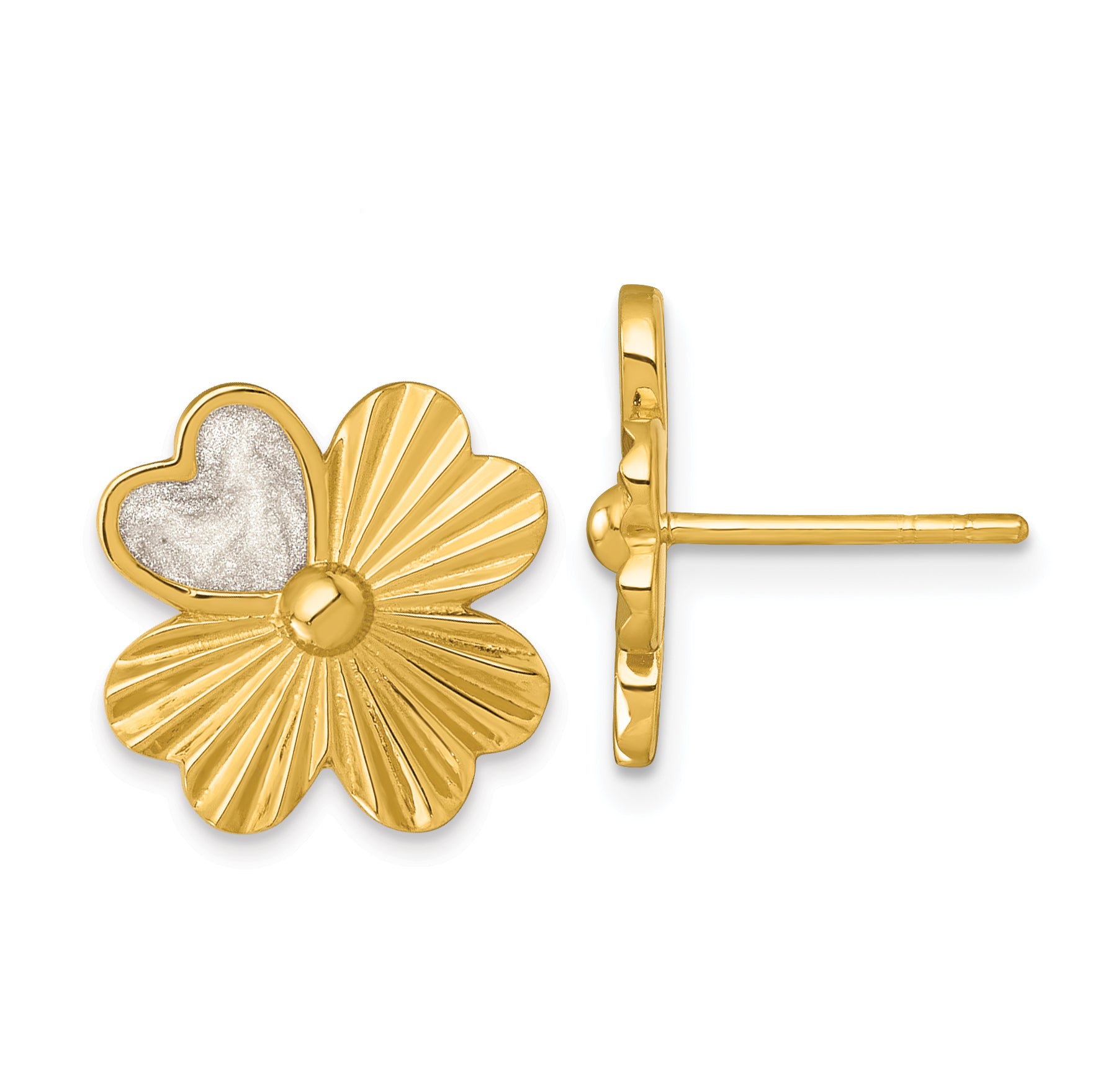 Sterling Silver Gold-tone Polished with White Enamel Lucky 4-Leaf Clover Post Earrings