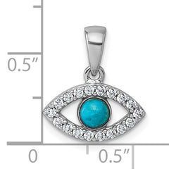 Sterling Silver Rhodium-plated Polished CZ and Compressed Turquoise Cabochon Evil Eye Pendant