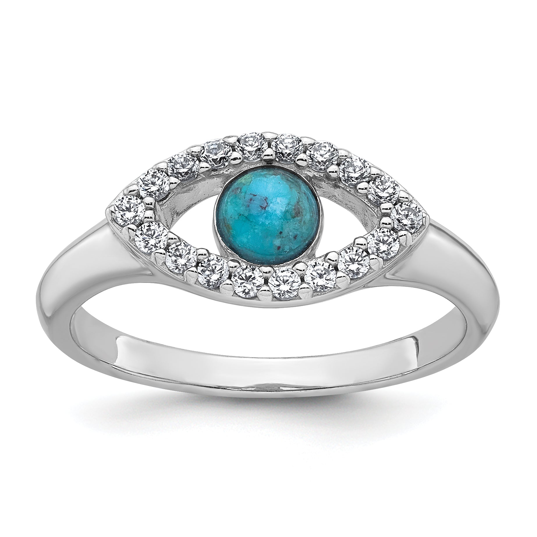 Sterling Silver Rhodium-plated Polished CZ and Compressed Turquoise Cabochon Evil Eye Size 8 Ring