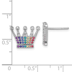 Sterling Silver Rhodium-plated Polished Rainbow Nano Crystals Crown Post Earrings