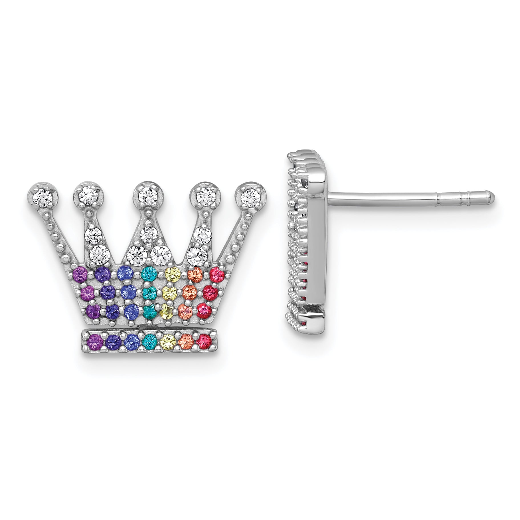 Sterling Silver Rhodium-plated Polished Rainbow Nano Crystals Crown Post Earrings