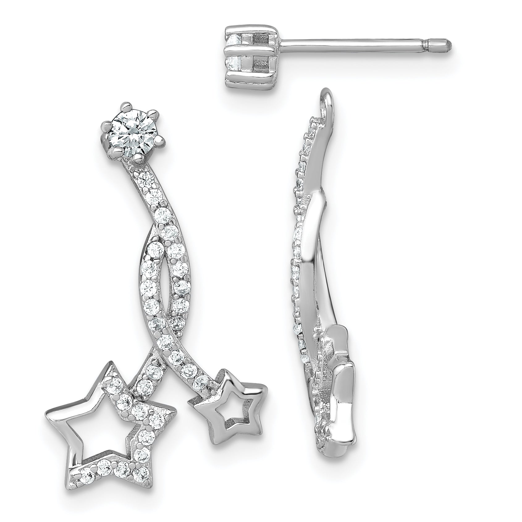 Sterling Silver Rhodium-plated Polished CZ Stud with Removeable Shooting Stars Jacket Earrings