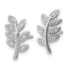 Sterling Silver Rhodium-plated Polished CZ Leaf Post Earrings
