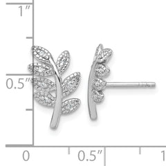 Sterling Silver Rhodium-plated Polished CZ Leaf Post Earrings