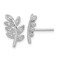 Sterling Silver Rhodium-plated Polished CZ Leaf Post Earrings