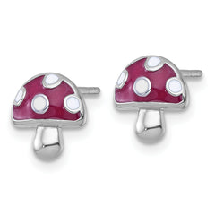 Sterling Silver Rhodium-plated Polished Red and White Enameled Mushroom Post Earrings