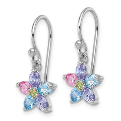 Sterling Silver Rhodium-plated Polished Purple, Pink, Blue and Green CZ Flower Dangle Shepherd Hook Earrings