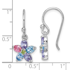 Sterling Silver Rhodium-plated Polished Purple, Pink, Blue and Green CZ Flower Dangle Shepherd Hook Earrings