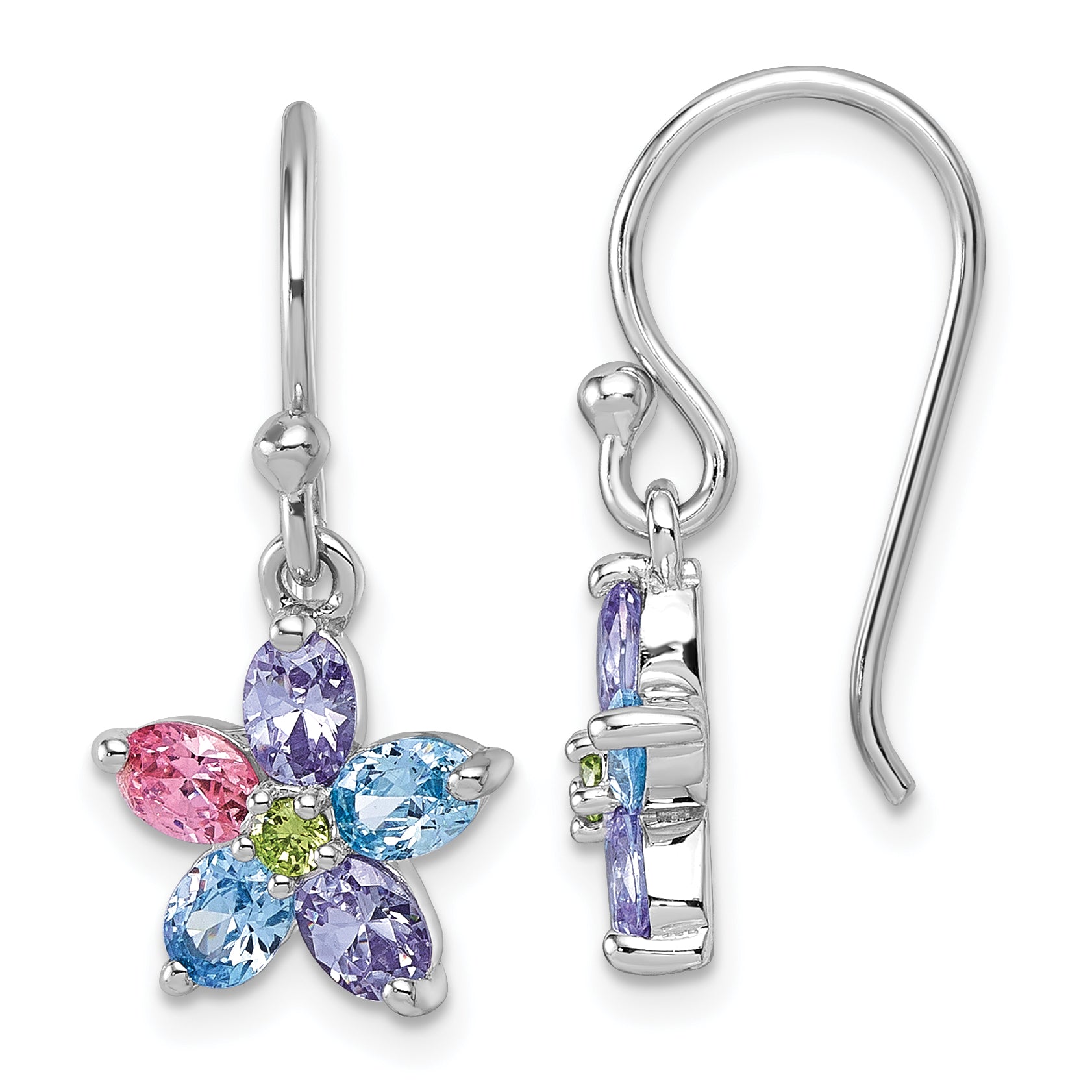 Sterling Silver Rhodium-plated Polished Purple, Pink, Blue and Green CZ Flower Dangle Shepherd Hook Earrings