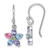 Sterling Silver Rhodium-plated Polished Purple, Pink, Blue and Green CZ Flower Dangle Shepherd Hook Earrings