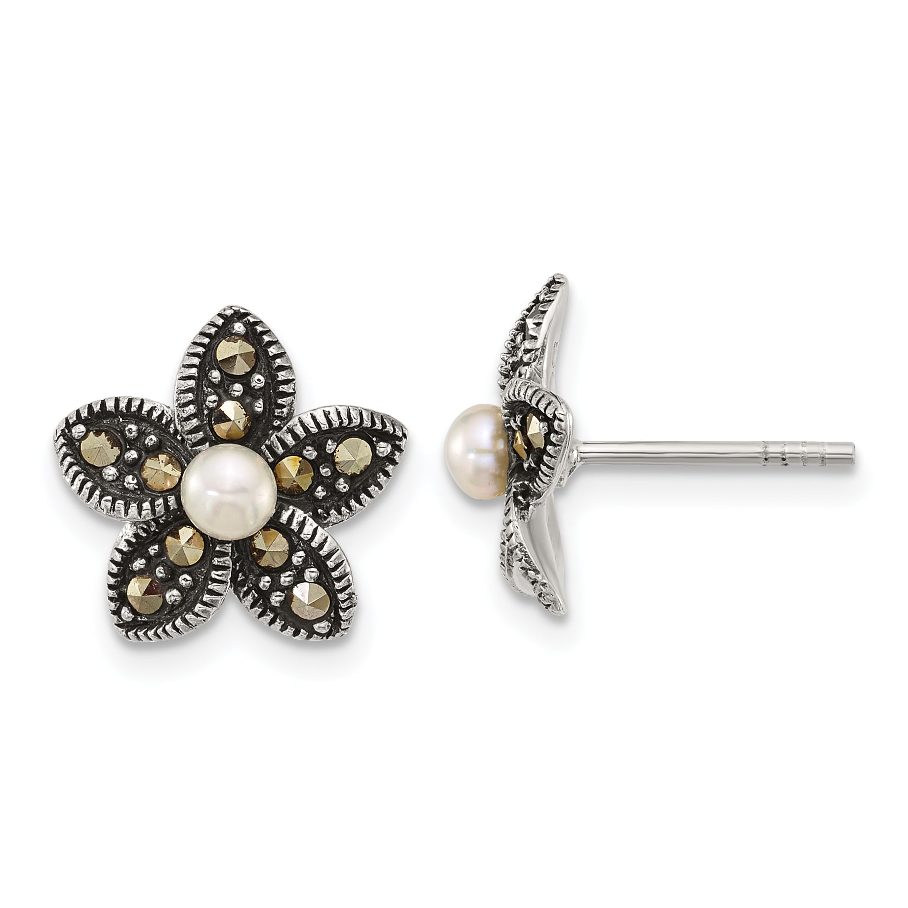 Sterling Silver Antiqued Marcasite and Freshwater Cultured Pearl Fancy Flower Post Earrings