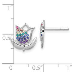 Sterling Silver Rhodium-plated Polished Rainbow Nano Crystals Tulip Post Earrings