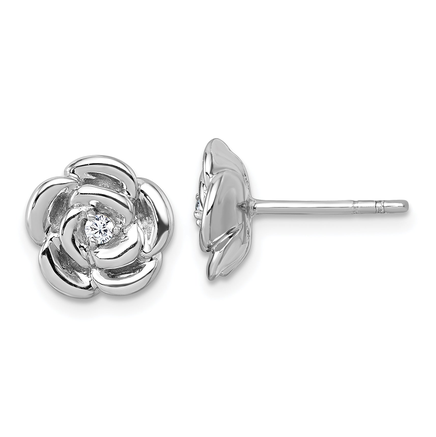 Sterling Silver Rhodium-plated Polished White CZ Flower Post Earrings