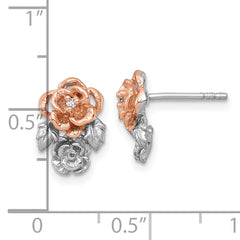 Sterling Silver Rhodium-plated and Rose Gold-plated CZ Flowers Post Earrings