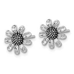 Sterling Silver Rhodium-plated Antiqued Sunflower Post Earrings