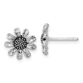 Sterling Silver Rhodium-plated Antiqued Sunflower Post Earrings