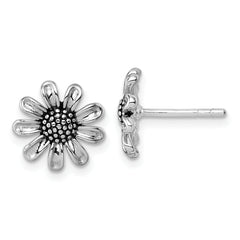 Sterling Silver Rhodium-plated Antiqued Sunflower Post Earrings