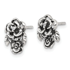 Sterling Silver Antiqued Polished CZ Flowers Post Earrings