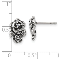Sterling Silver Antiqued Polished CZ Flowers Post Earrings