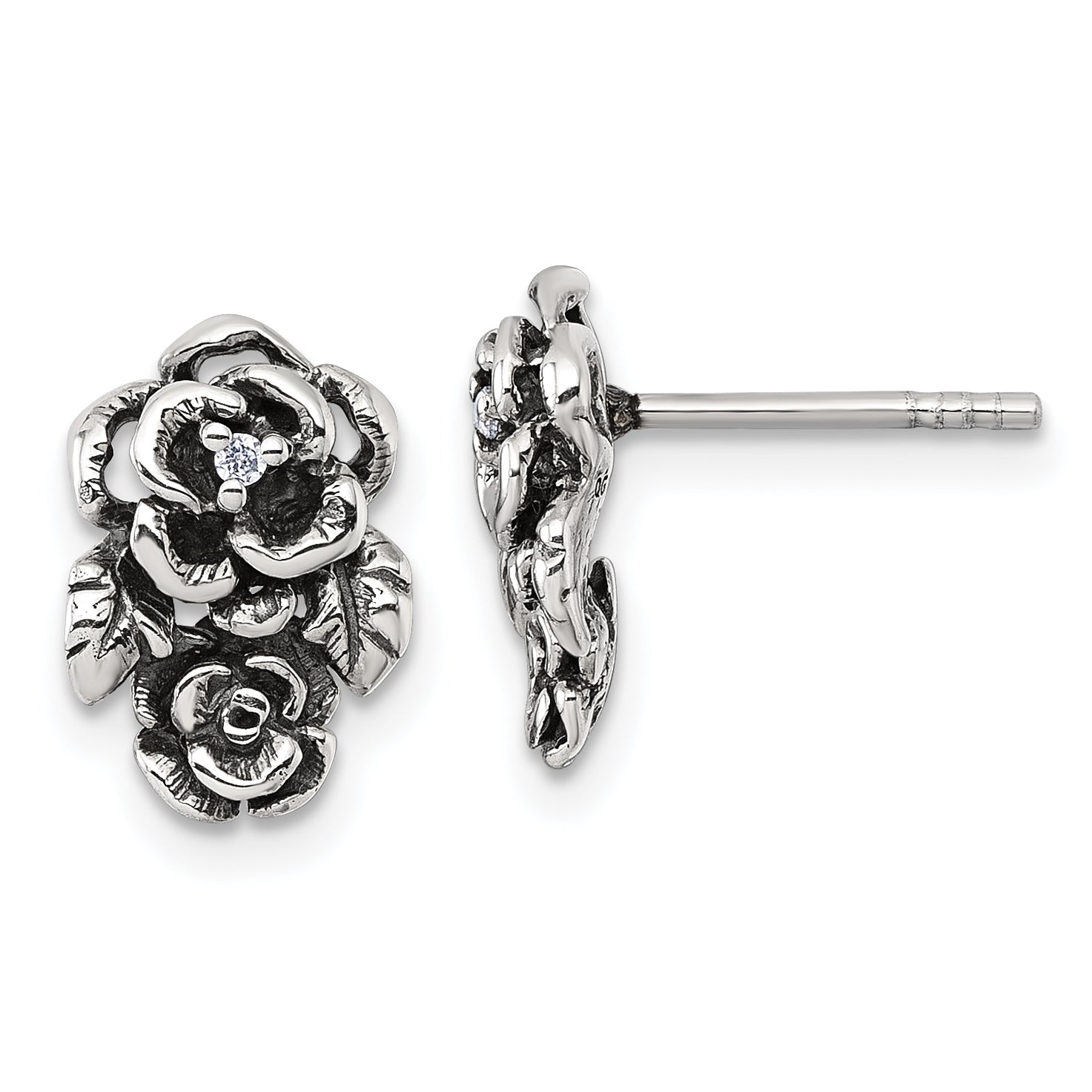 Sterling Silver Antiqued Polished CZ Flowers Post Earrings