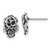 Sterling Silver Antiqued Polished CZ Flowers Post Earrings