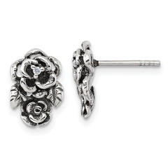 Sterling Silver Antiqued Polished CZ Flowers Post Earrings